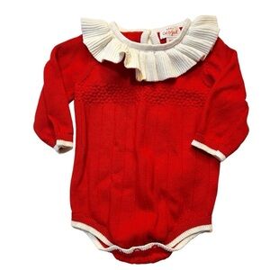 Cat & Jack Baby Girl's Red White Sweater Romper One Piece with Collar 0-3 M